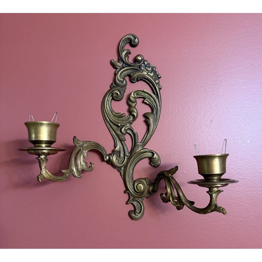 Pair Wall Candle Sconces Twin Arm Ornate Gold Brass Large French Style Heavy